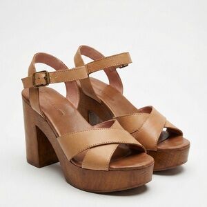 Musse & Cloud Tan Leather Wood Platform Sandals Size 9 EU 40 Boho 70s Block Heel